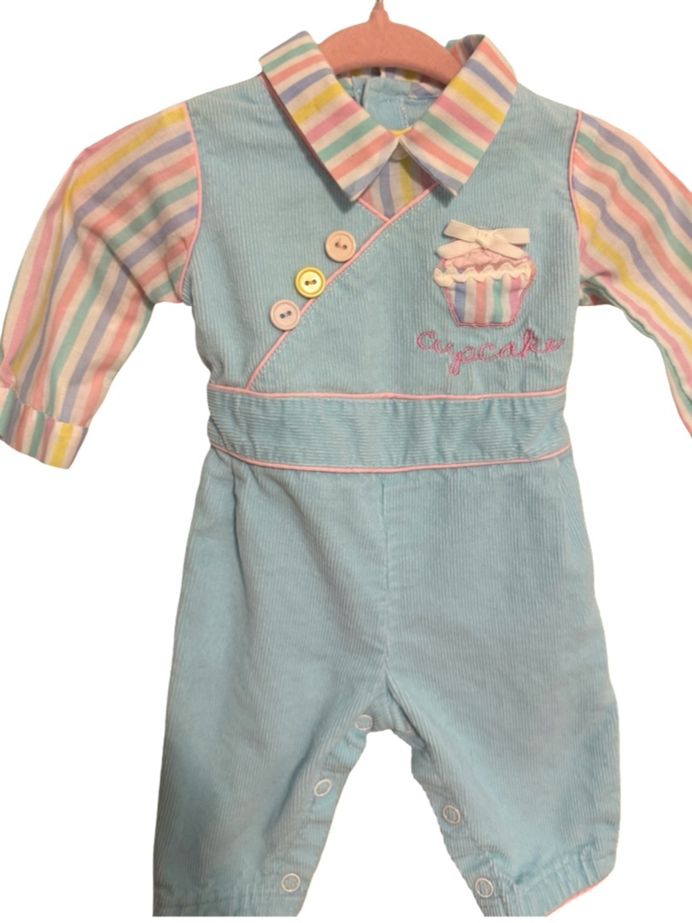 Vintage Style Baby Girls Cupcake Romper Blue Pastel Stripes Long Sleeve 0-3M? - Picture 2 of 6